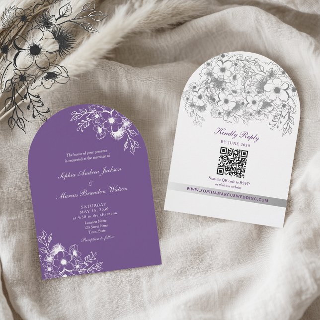 Convite Purple Floral QR Code Wedding (Criador carregado)