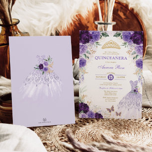 Convite Purple Floral Quinceañera Mis Quince 15 Birthday