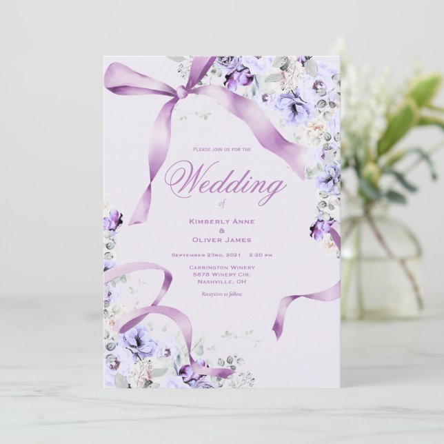 Convite Purple Floral Ribbons Elegant Wedding Invitation (Em pé/Frente)