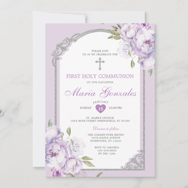 Convite Purple Floral Silver Cross First Holy Communion (Frente)