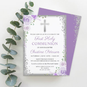 Convite Purple Floral Silver Glitter Primeira Comunhão Sa