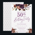 Convite Purple Floral Surprise 50th Festa de aniversário<br><div class="desc">Este cartão é perfeito para o seu 50º evento de festa de aniversário,  mas pode ser personalizado para ajustado em qualquer ocasião. O design apresenta um fundo branco,  flores de aquarela roxas e douradas e tipografia personalizada.</div>