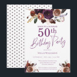 Convite Purple Floral Surprise 50th Festa de aniversário<br><div class="desc">Este cartão é perfeito para o seu 50º evento de festa de aniversário,  mas pode ser personalizado para ajustado em qualquer ocasião. O design apresenta um fundo branco,  flores de aquarela roxas e douradas e tipografia personalizada.</div>