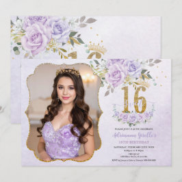 Convite Purple Floral Sweet Sixteen 16th Birthday Photo