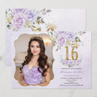 Convite Purple Floral Sweet Sixteen 16th Birthday Photo