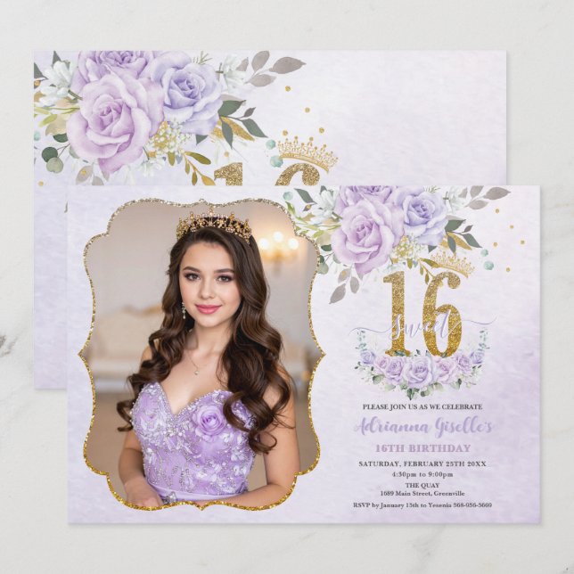 Convite Purple Floral Sweet Sixteen 16th Birthday Photo (Frente/Verso)