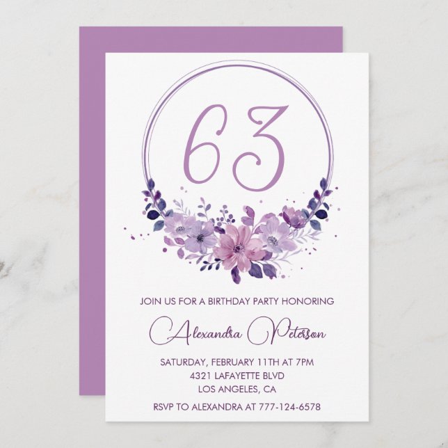 Convite Purple Floral Watercolor Elegante 63.º aniversário (Frente/Verso)