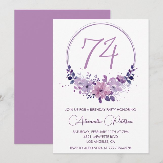 Convite Purple Floral Watercolor Elegante 74 anos (Frente/Verso)