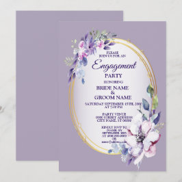 Convite Purple Floral Watercolor Golden Engagement Party