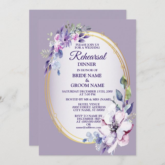 Convite Purple Floral Watercolor Golden Rehearsal Dinner (Frente/Verso)