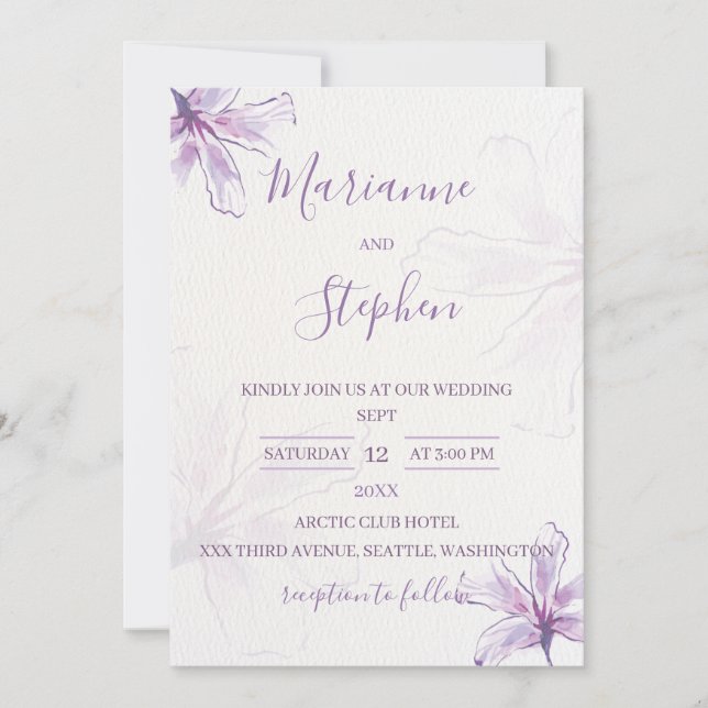 Convite Purple Floral Watercolor Wedding Invitation (Frente)