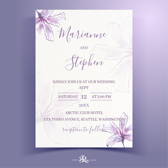 Convite Purple Floral Watercolor Wedding Invitation (Criador carregado)