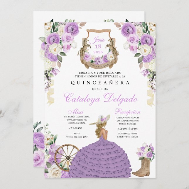 Convite Purple Floral Western Mariachi Charro Quinceañera (Frente/Verso)