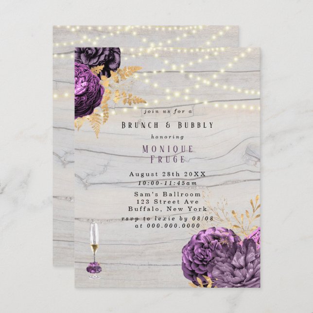 Convite Purple Floral Wood Lights Brunch & Bubble (Frente/Verso)