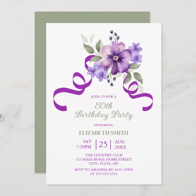 Convite Purple Flower Greenery Ribbon Birthday (Frente/Verso)