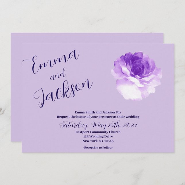 Convite Purple Flower Script Wedding Invitation (Frente/Verso)
