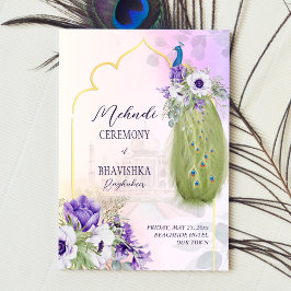 Convite Purple flowers, peacock mehndi invitation