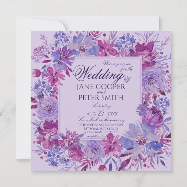 Convite Purple flowers Wedding Invitation (Frente)