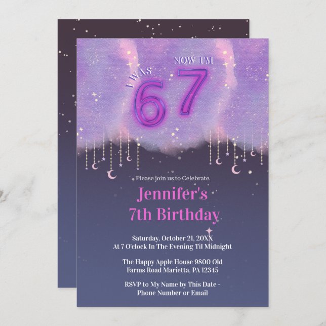Convite Purple Galaxy “I Was 6 Now I’m 7” Girl Birthday (Frente/Verso)