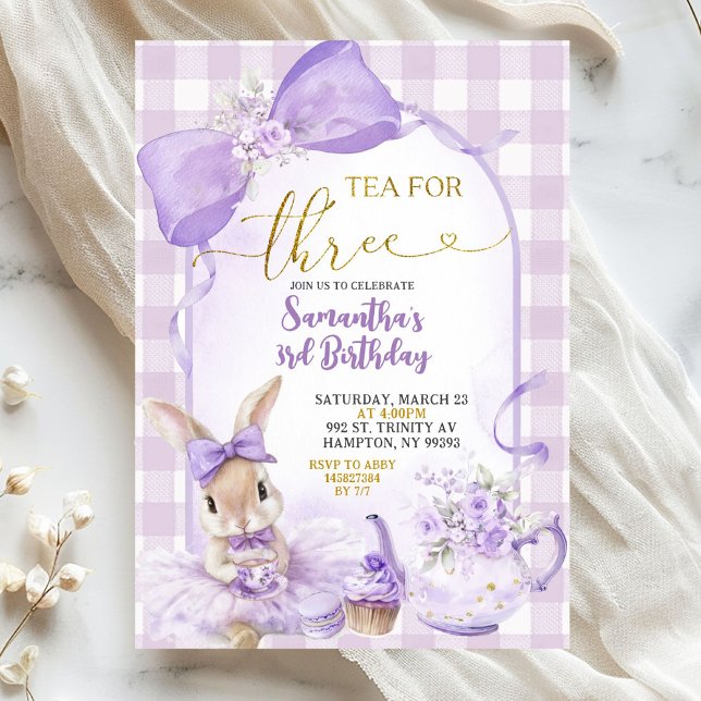 Convite Purple Gingham Bow Bunny Tea Party Third Birthday (Criador carregado)