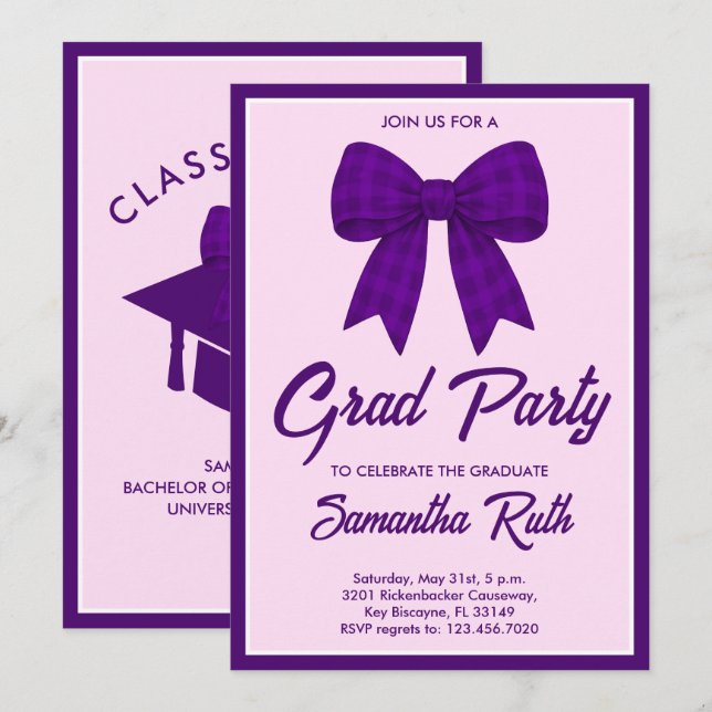 Convite Purple Gingham Bow Graduation Party (Frente/Verso)