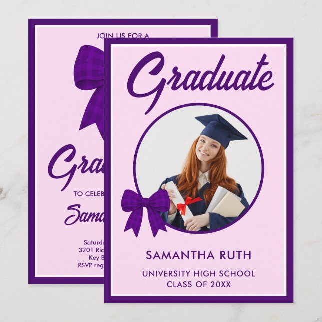 Convite Purple Gingham Bow Photo Graduation Party (Frente/Verso)