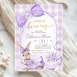 Convite Purple Gingham Coquette Bunny Brew Tea Baby Shower