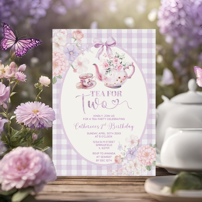 Convite Purple Gingham Floral Tea For Two 2nd Birthday (Criador carregado)