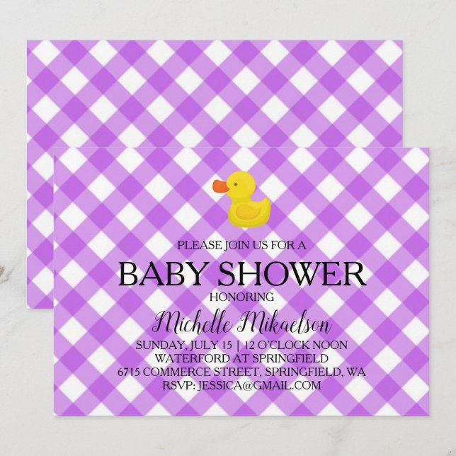 Convite Purple Gingham Rubber Duckie Baby Shower (Frente/Verso)