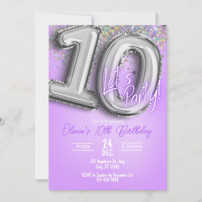 Convite Purple Glitter 10th Birthday Invitation (Frente)