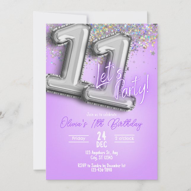 Convite Purple Glitter 11th Birthday Invitation (Frente)