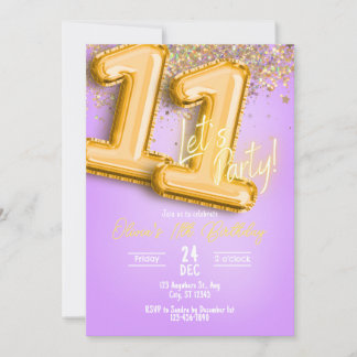 Convite Purple Glitter 11th Birthday Invitation