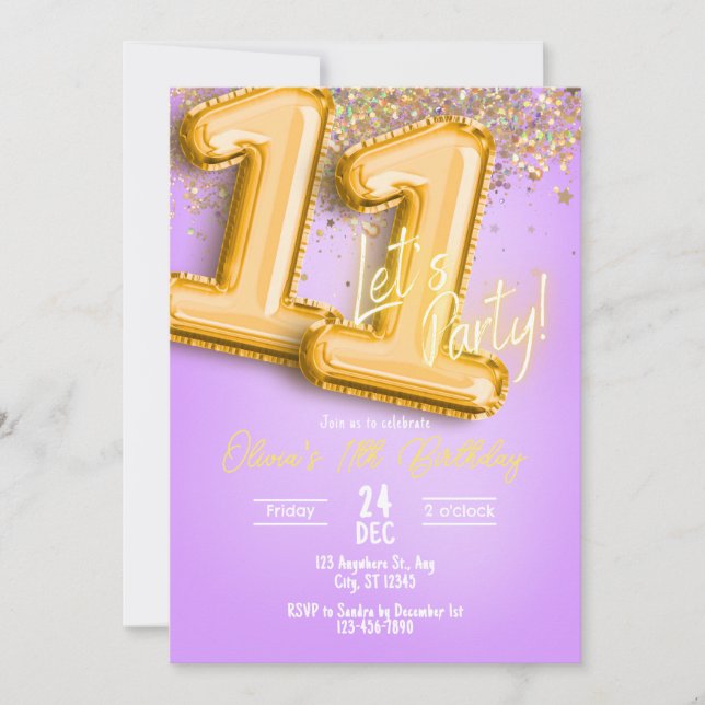 Convite Purple Glitter 11th Birthday Invitation (Frente)