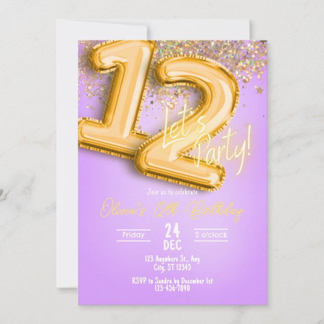 Convite Purple Glitter 12th Birthday Invitation (Frente)