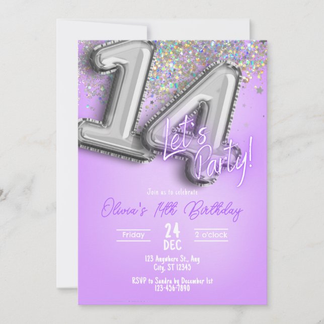 Convite Purple Glitter 14th Birthday Invitation (Frente)