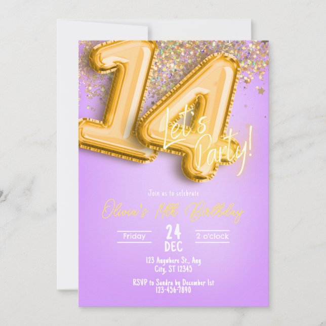 Convite Purple Glitter 14th Birthday Invitation (Frente)