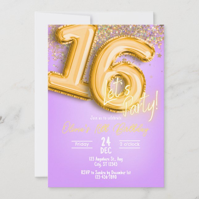 Convite Purple Glitter 16th Birthday Invitation (Frente)