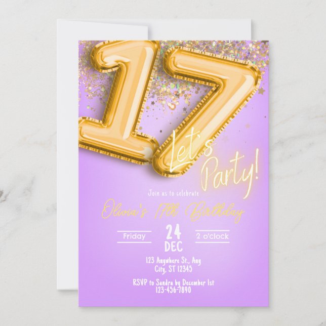 Convite Purple Glitter 17th Birthday Invitation (Frente)