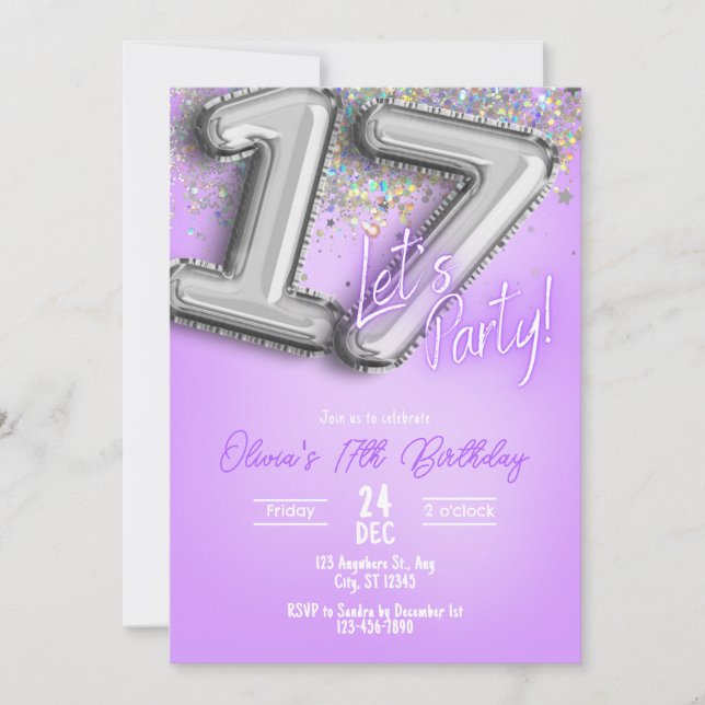 Convite Purple Glitter 17th Birthday Invitation (Frente)