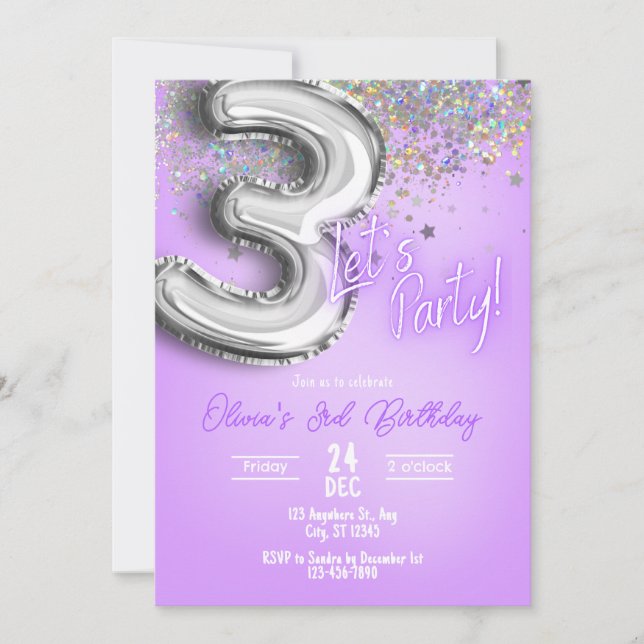 Convite Purple Glitter 3rd Birthday Invitation (Frente)