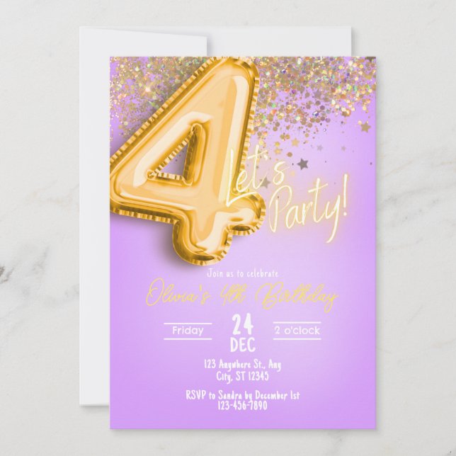 Convite Purple Glitter 4th Birthday Invitation (Frente)