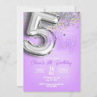 Convite Purple Glitter 5th Birthday Invitation