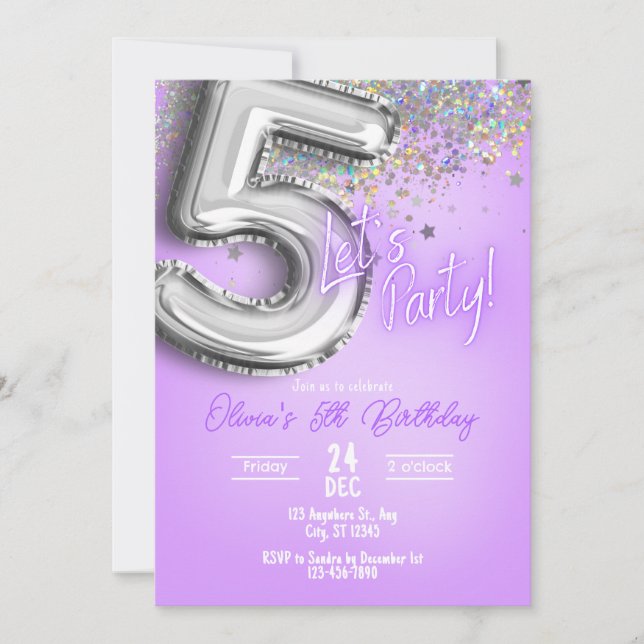 Convite Purple Glitter 5th Birthday Invitation (Frente)