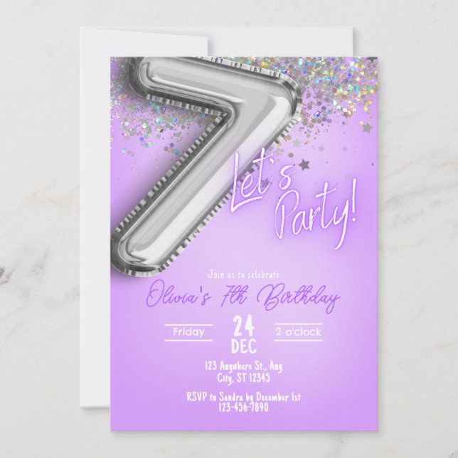 Convite Purple Glitter 7th Birthday Invitation (Frente)