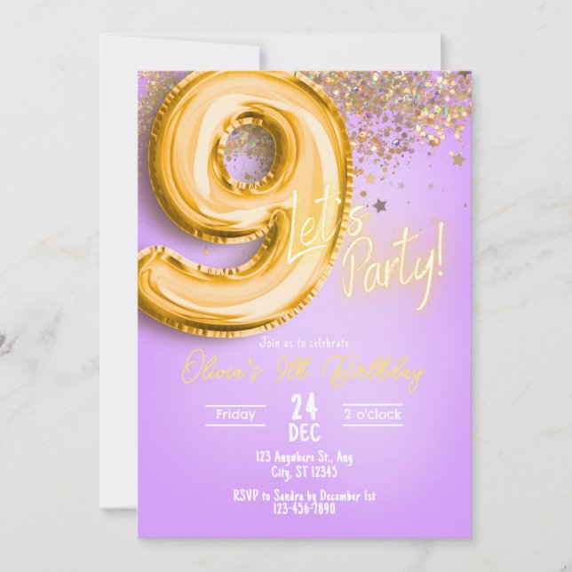 Convite Purple Glitter 9th Birthday Invitation (Frente)