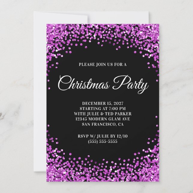 Convite Purple Glitter Border Black Christmas Party (Frente)