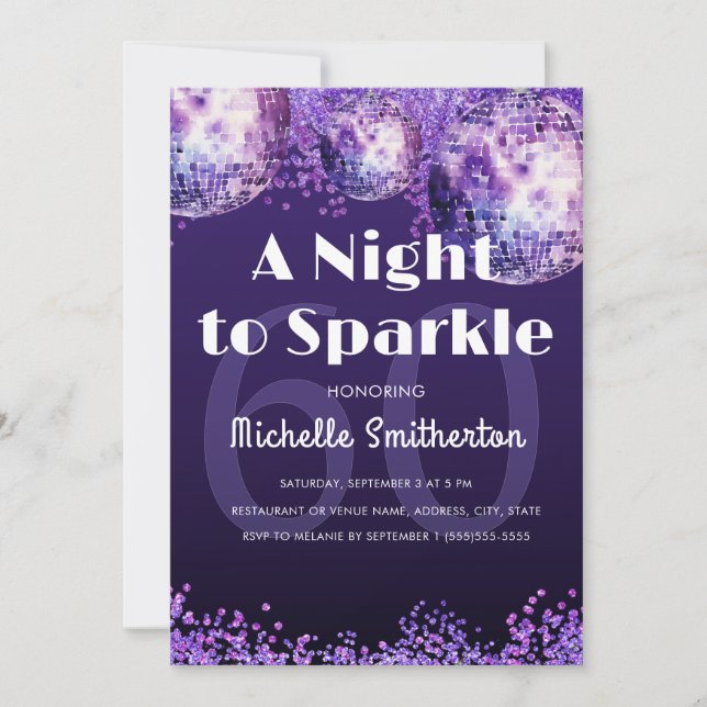 Convite Purple Glitter Disco Night to Sparkle Glam 60th  (Frente)