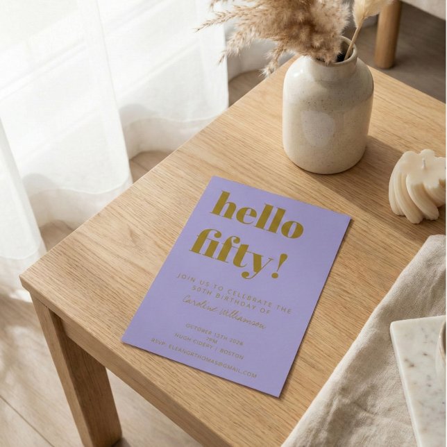 Convite Purple Gold 50th Birthday Party Modern Typography (Criador carregado)
