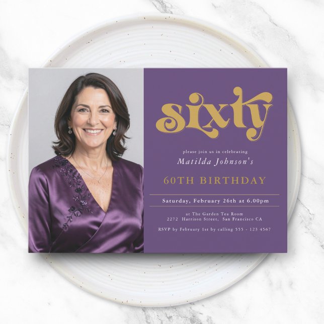 Convite Purple Gold 60th Birthday Invitation (Criador carregado)