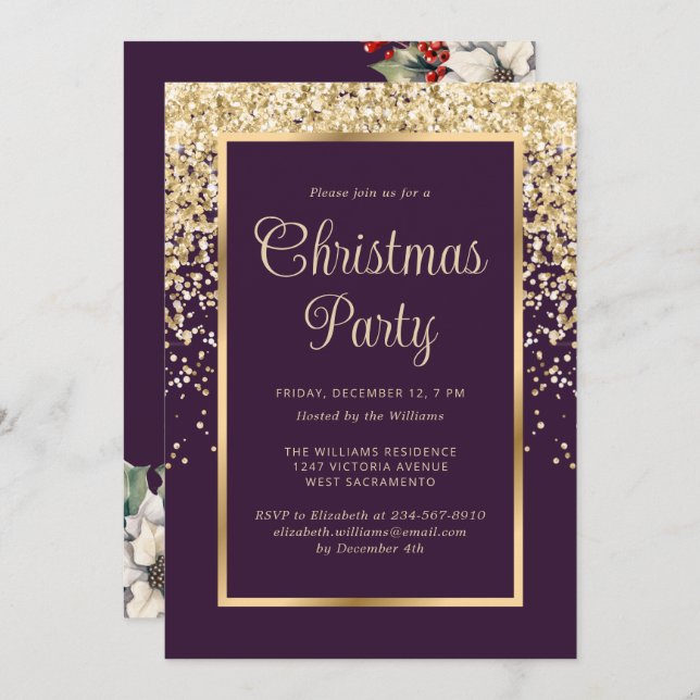Convite Purple Gold Confetti Botanical Christmas Party (Frente/Verso)